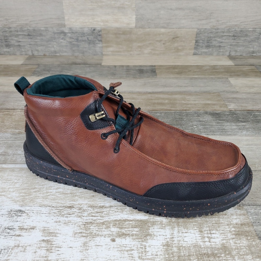 Hey Dude Bradley Mens Chukka Boots Sz 14 M Brown Black Leather Lace Up Mid Top